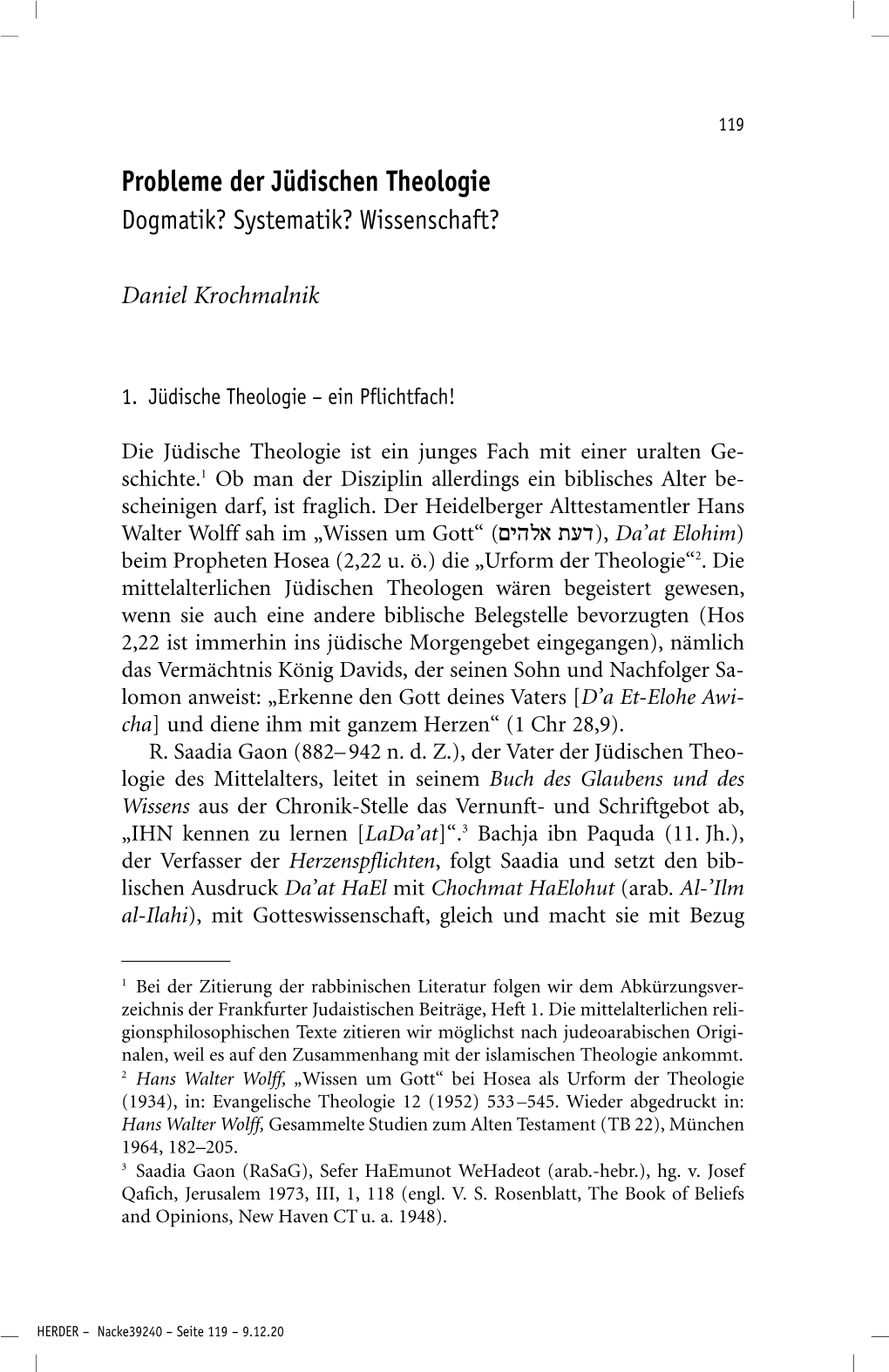 Probleme Der Jüdischen Theologie Dogmatik? Systematik? Wissenschaft?