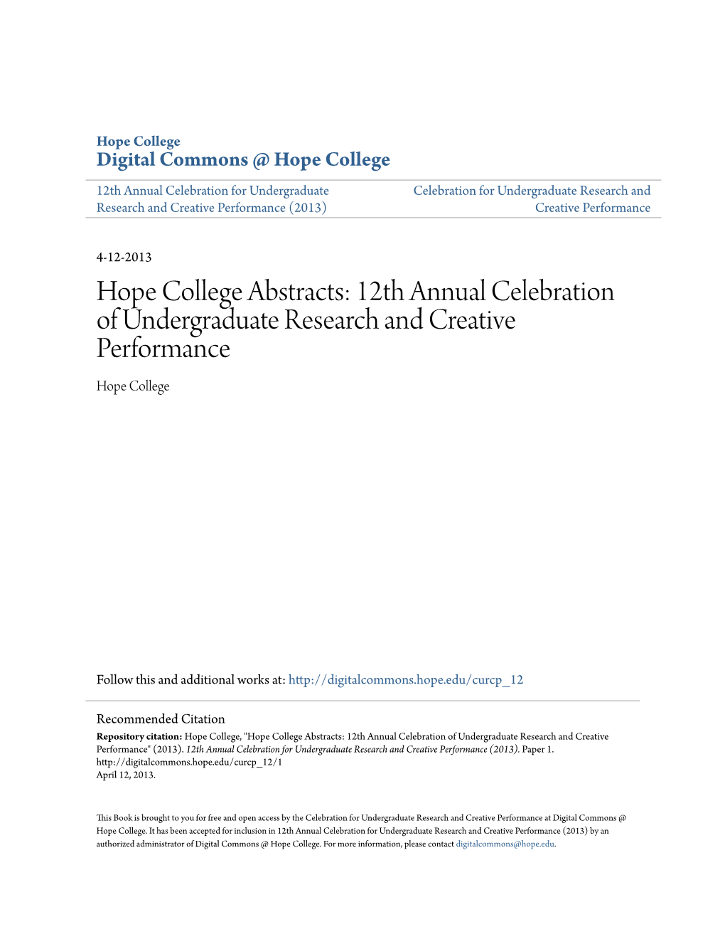 Hope College Abstracts: 12Th Annual Celebration of Undergraduate Research and Creative Performance Hope College