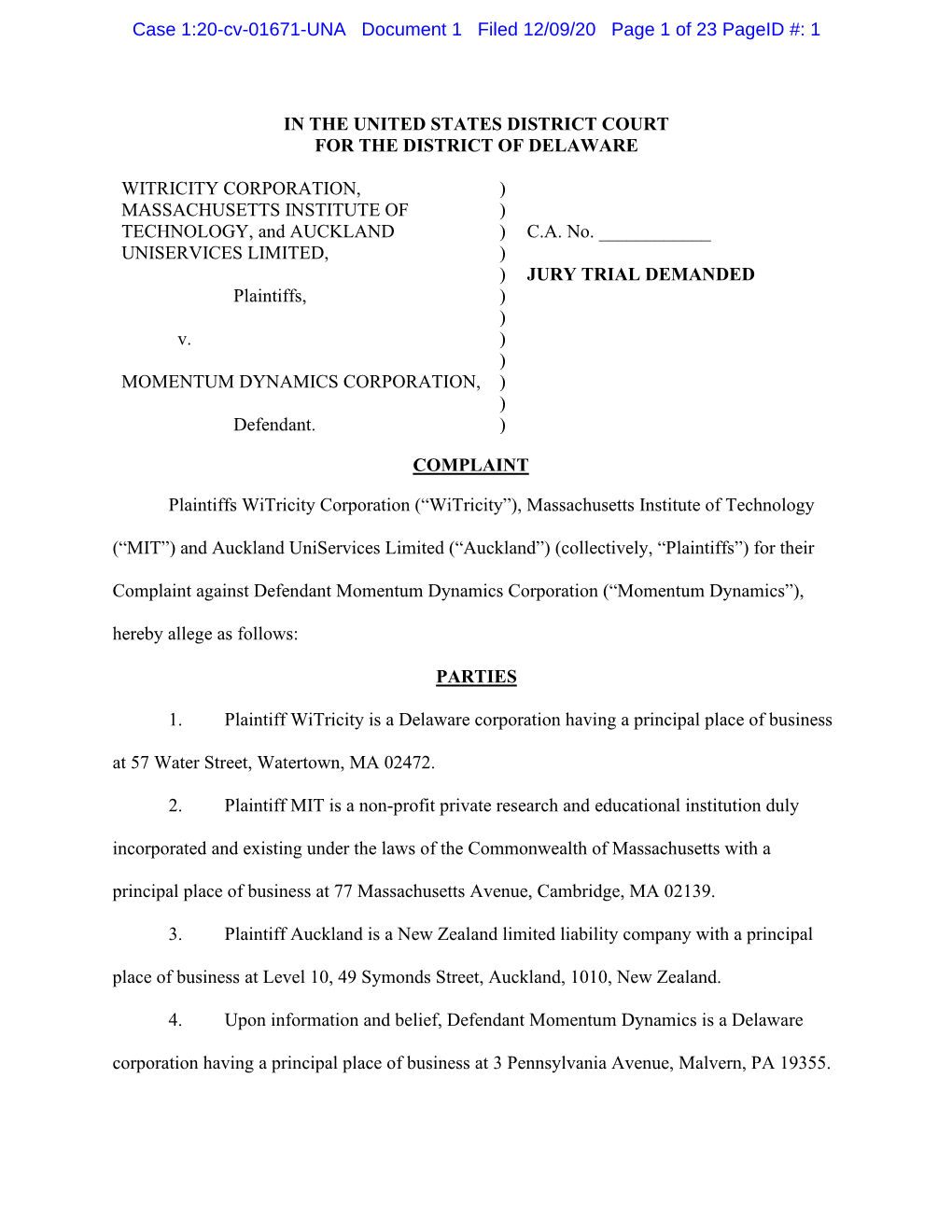 Case 1:20-Cv-01671-UNA Document 1 Filed 12/09/20 Page 1 of 23 Pageid #: 1