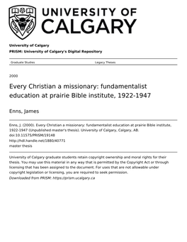 Every Christian a Missionary: Fundamentalist Education at Prairie Bible Institute, 1922-1947