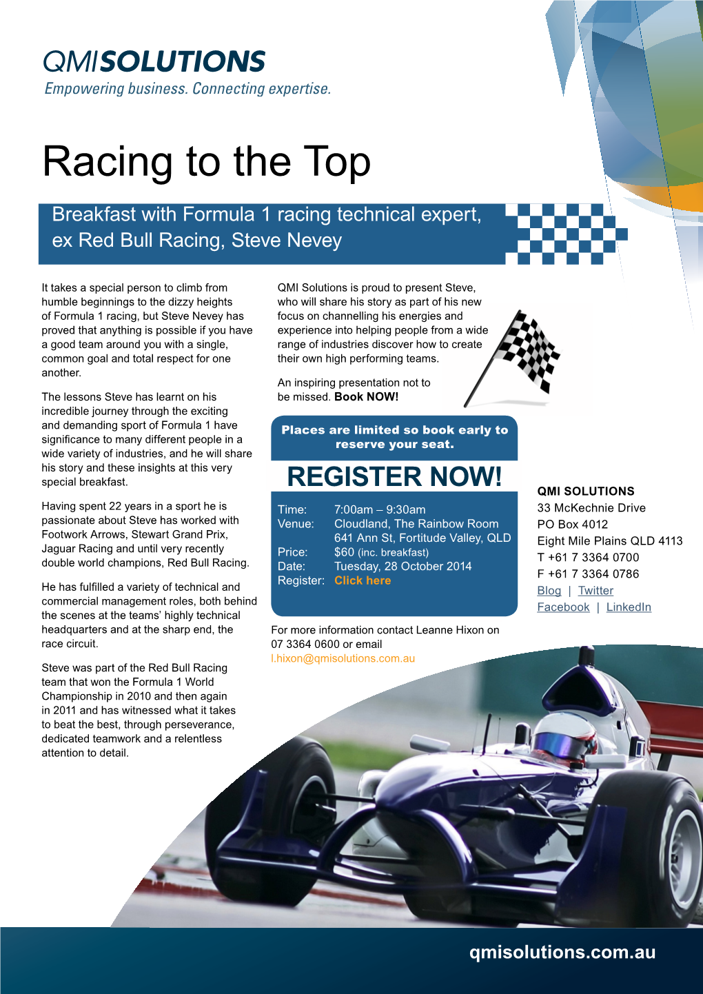 Racing to the Top Breakfast with Formula 1 Racing Technical Expert, Ex Red Bull Racing, Steve Nevey