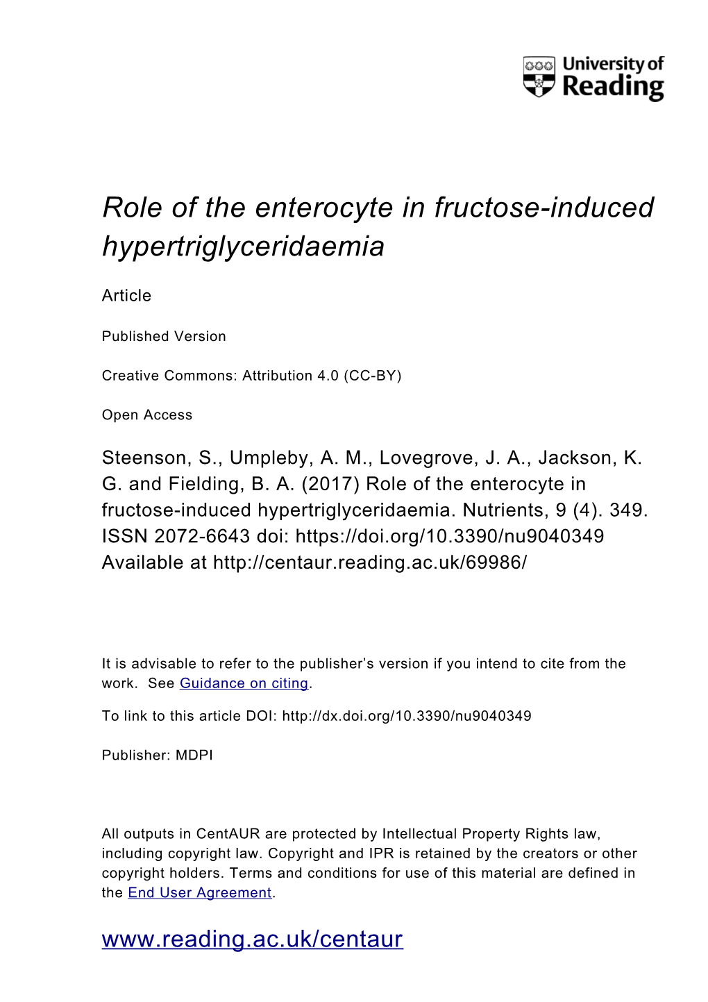 Role of the Enterocyte in Fructose-Induced Hypertriglyceridaemia