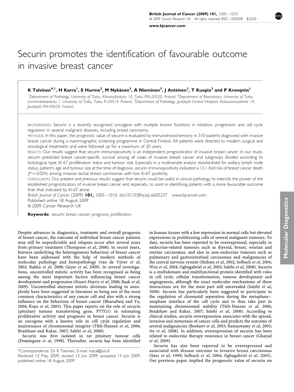 Securin Promotes the Identification of Favourable Outcome in Invasive Breast Cancer