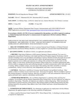 State Vacancy Announcement Louisiana Military Department Louisiana National Guard