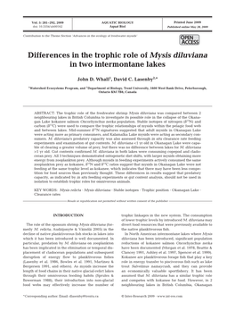 Differences in the Trophic Role of Mysis Diluviana in Two Intermontane Lakes