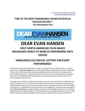 Dear Evan Hansen First North American Tour Makes Milwaukee Debut at Marcus Performing Arts Center