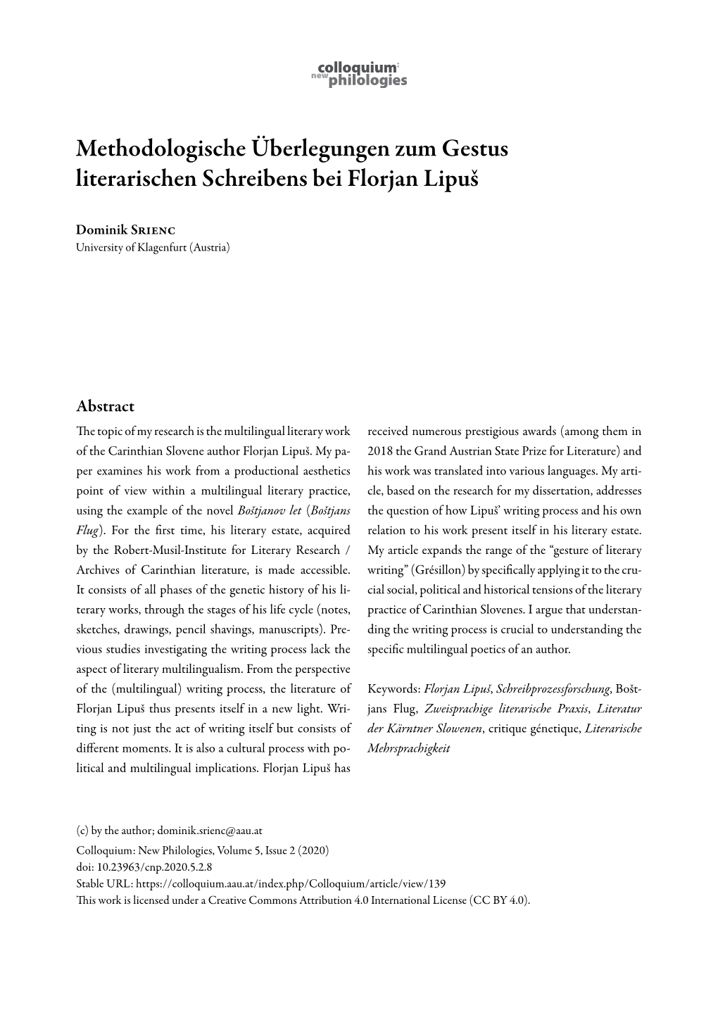 Methodologische Überlegungen Zum Gestus Literarischen Schreibens Bei Florjan Lipuš