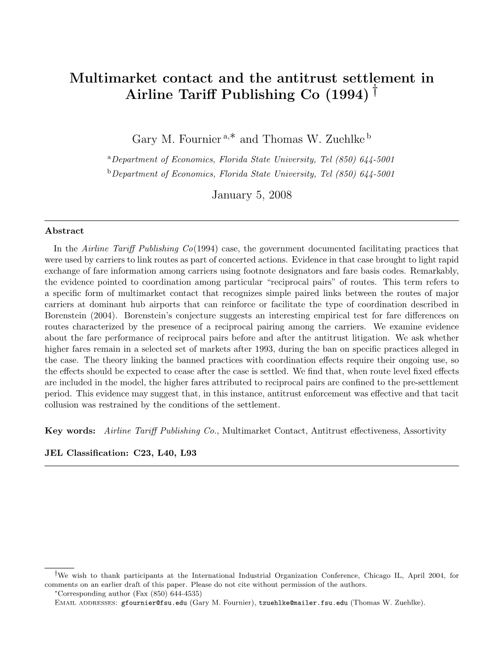 Multimarket Contact and the Antitrust Settlement in Airline Tariff Publishing Co