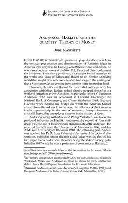 Anderson, Hazlitt, and the Quantity Theory of Money