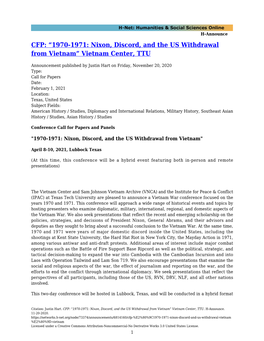 CFP: “1970-1971: Nixon, Discord, and the US Withdrawal from Vietnam” Vietnam Center, TTU