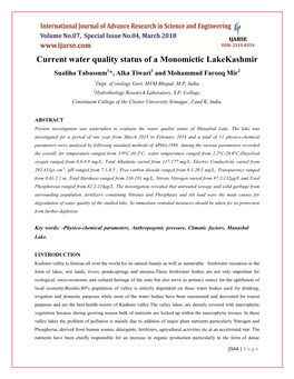 Current Water Quality Status of a Monomictic Lakekashmir Sualiha Tabassum1*, Alka Tiwari1 and Mohammad Farooq Mir2 1Dept