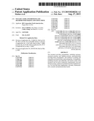 (12) Patent Application Publication (10) Pub. No.: US 2015/0240226A1 Mathur Et Al
