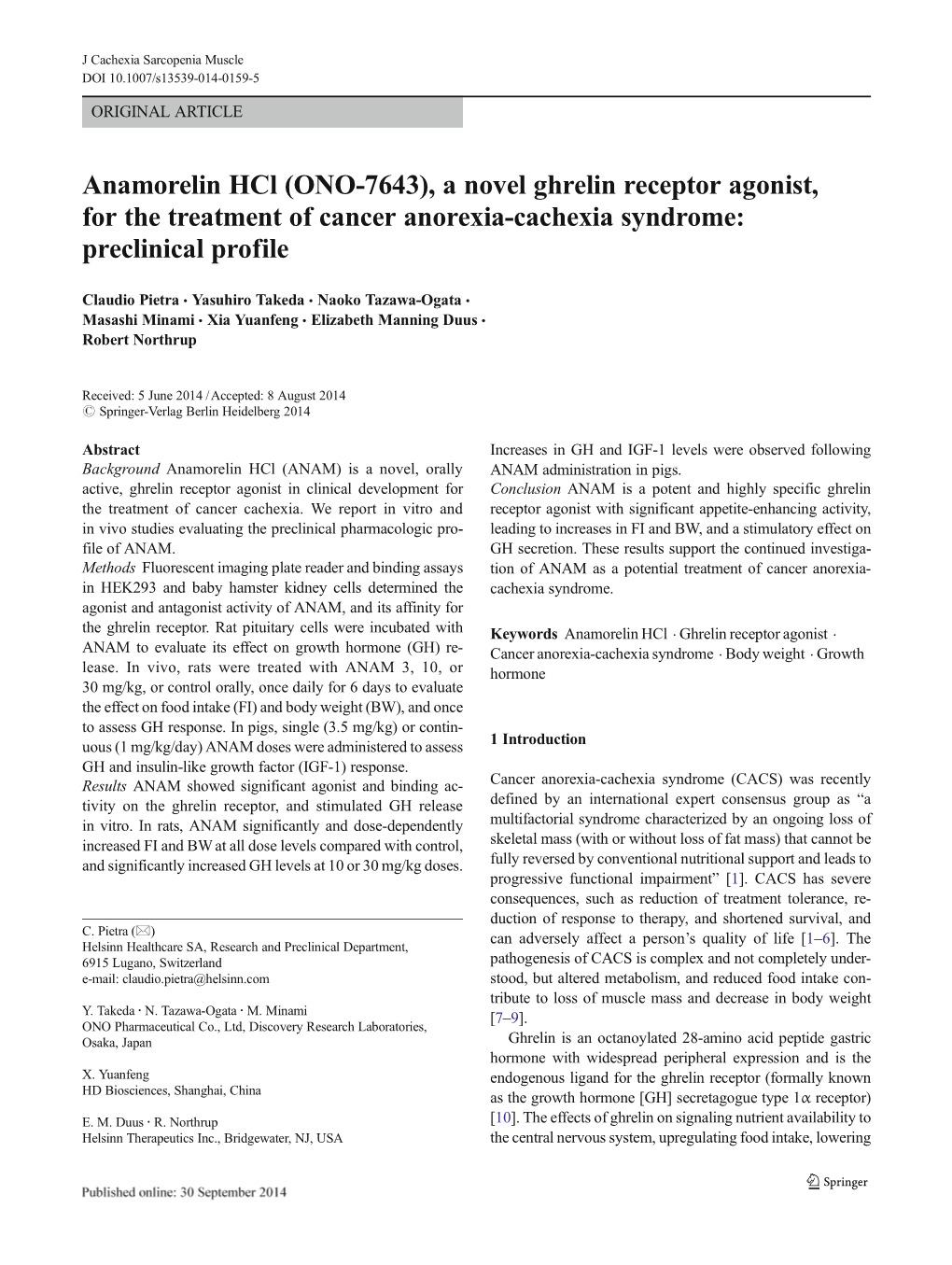 A Novel Ghrelin Receptor Agonist, for the Treatment of Cancer Anorexia-Cachexia Syndrome: Preclinical Profile