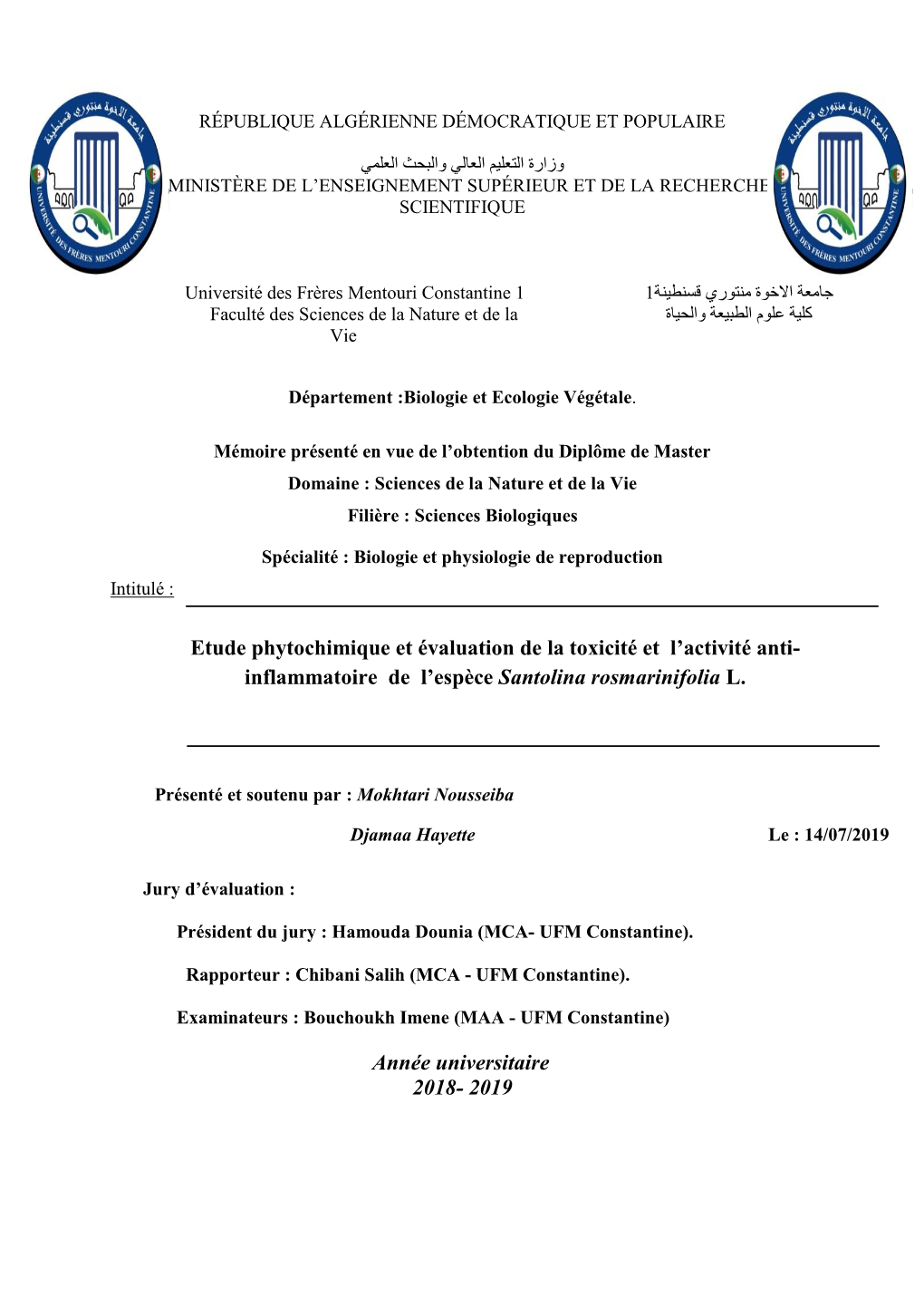 Etude Phytochimique Et Évaluation De La Toxicité Et L'activité Anti