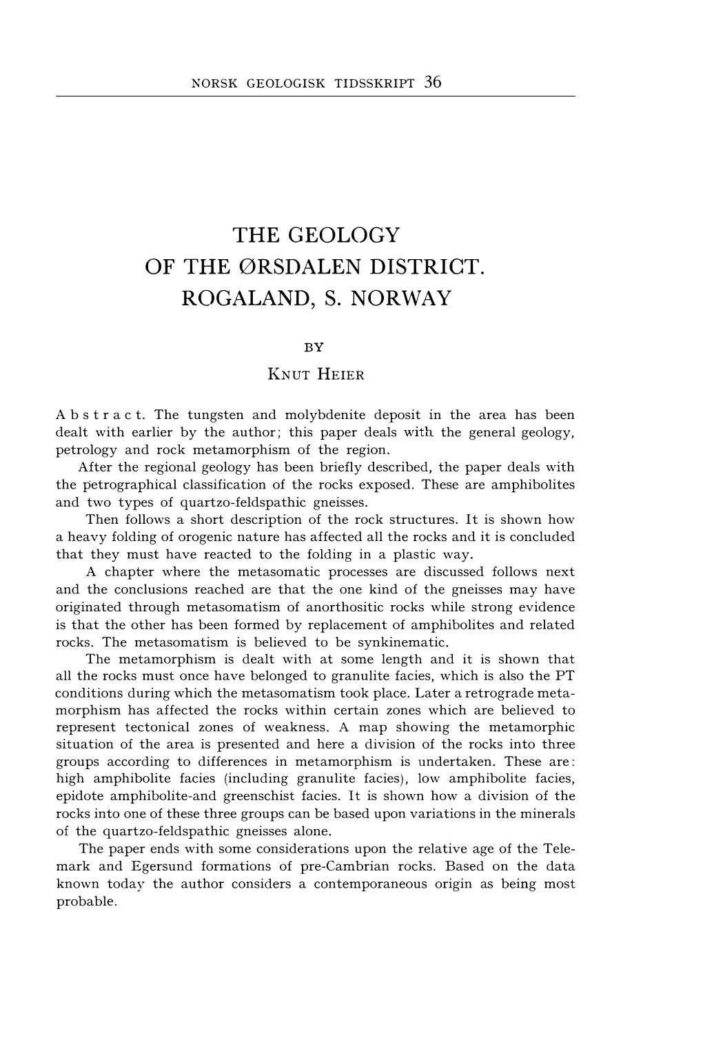 36 the Geology of the Ørsdalen District