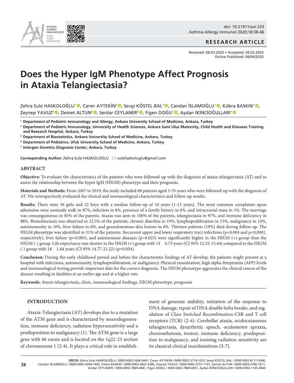 Does the Hyper Igm Phenotype Affect Prognosis in Ataxia Telangiectasia?