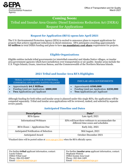 Tribal and Insular Area Grants: Diesel Emissions Reduction Act (DERA) Request for Applications