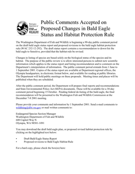 Public Comments Accepted on Proposed Changes in Bald Eagle Status and Habitat Protection Rule