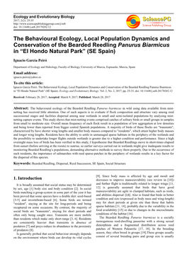 The Behavioural Ecology, Local Population Dynamics and Conservation of the Bearded Reedling Panurus Biarmicus in “El Hondo Natural Park” (SE Spain)