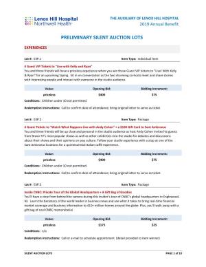 Preliminary Silent Auction Lots