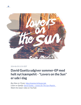 David Guetta Udgiver Sommer-EP Med Helt Nyt Kæmpehit - "Lovers on the Sun" Er Ude I Dag