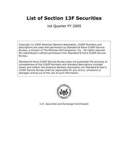List of Section 13F Securities, First Quarter, 2005