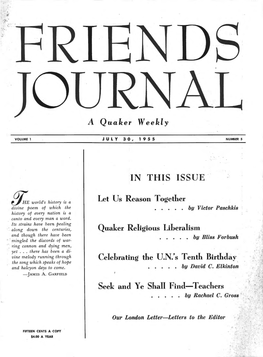 IN THIS ISSUE Let Us Reason Together Quaker Religious