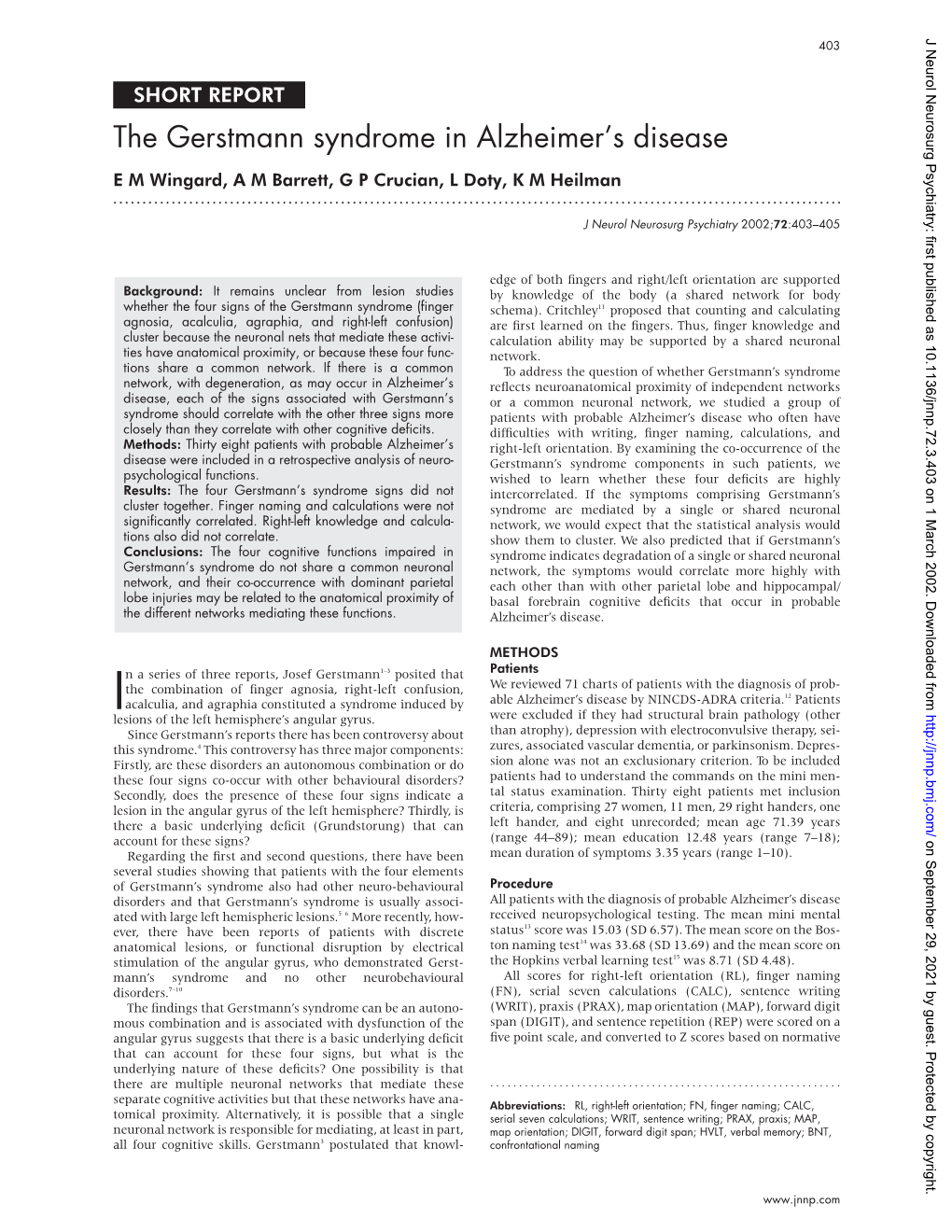 The Gerstmann Syndrome in Alzheimer's Disease