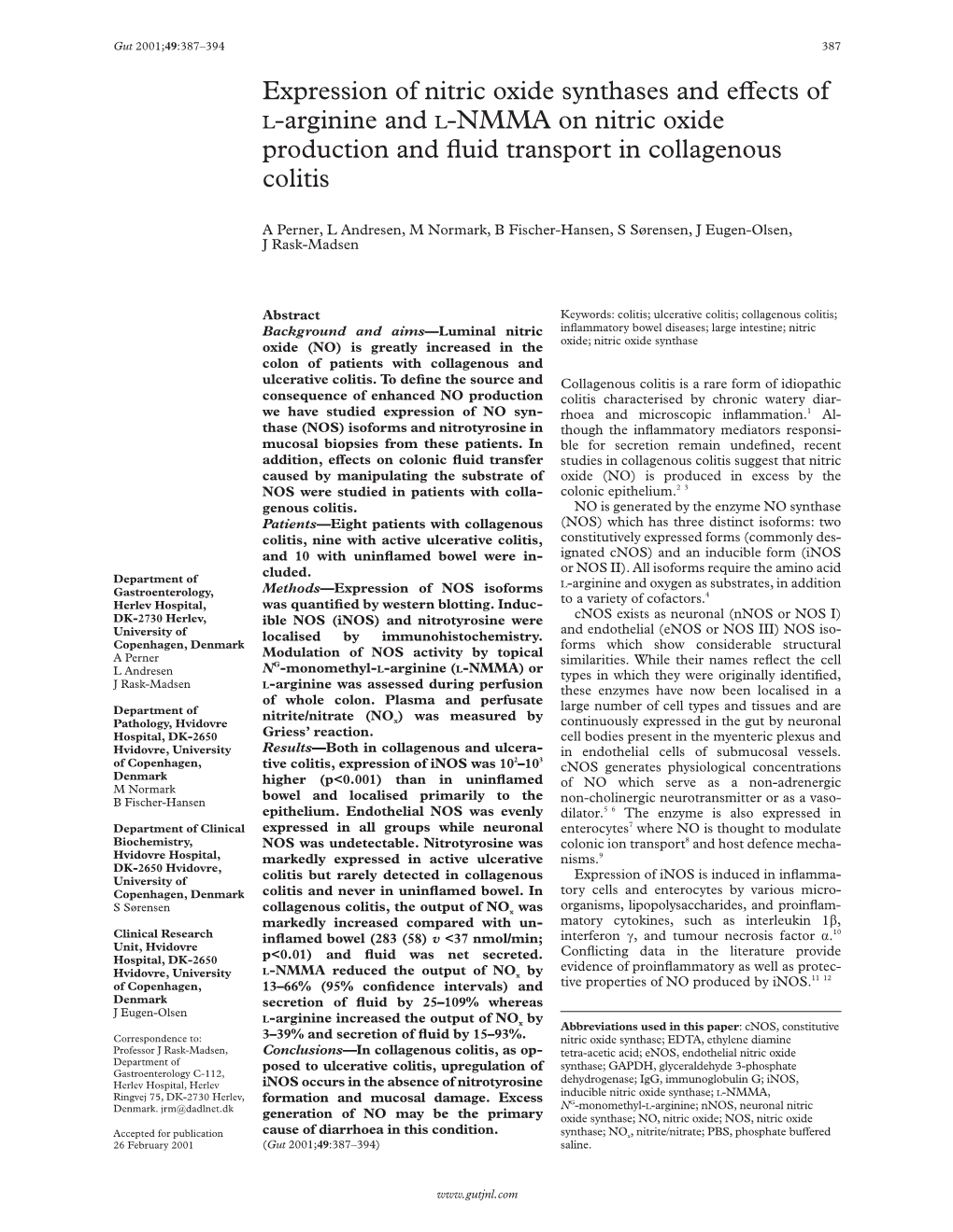 Expression of Nitric Oxide Synthases and Evects of L-Arginine and L-NMMA on Nitric Oxide Production and ﬂuid Transport in Collagenous Colitis