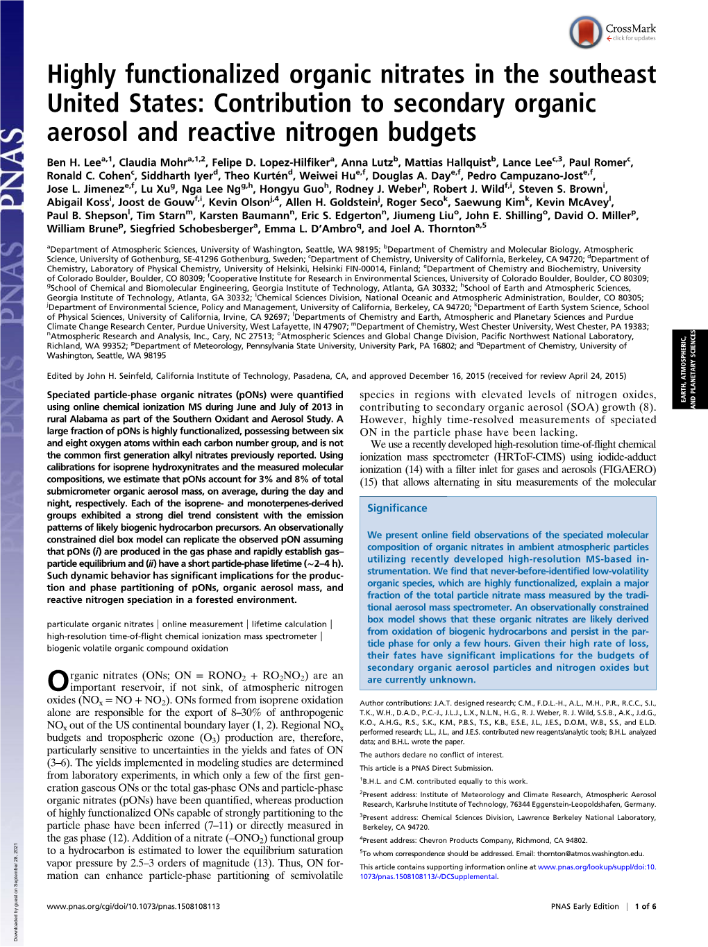 Highly Functionalized Organic Nitrates in the Southeast United States: Contribution to Secondary Organic Aerosol and Reactive Nitrogen Budgets