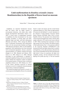 Limb Malformations in Bombina Orientalis (Anura: Bombinatoridae) in the Republic of Korea Based on Museum Specimens