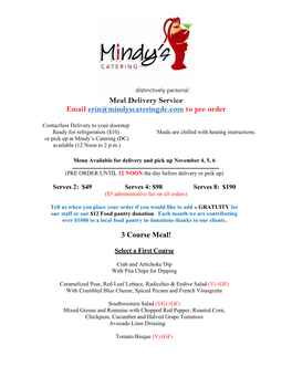 Meal Delivery Service Email Erin@Mindyscateringdc.Com to Pre Order