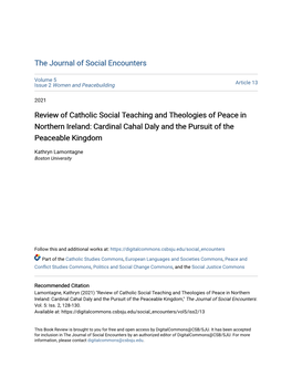 Review of Catholic Social Teaching and Theologies of Peace in Northern Ireland: Cardinal Cahal Daly and the Pursuit of the Peaceable Kingdom