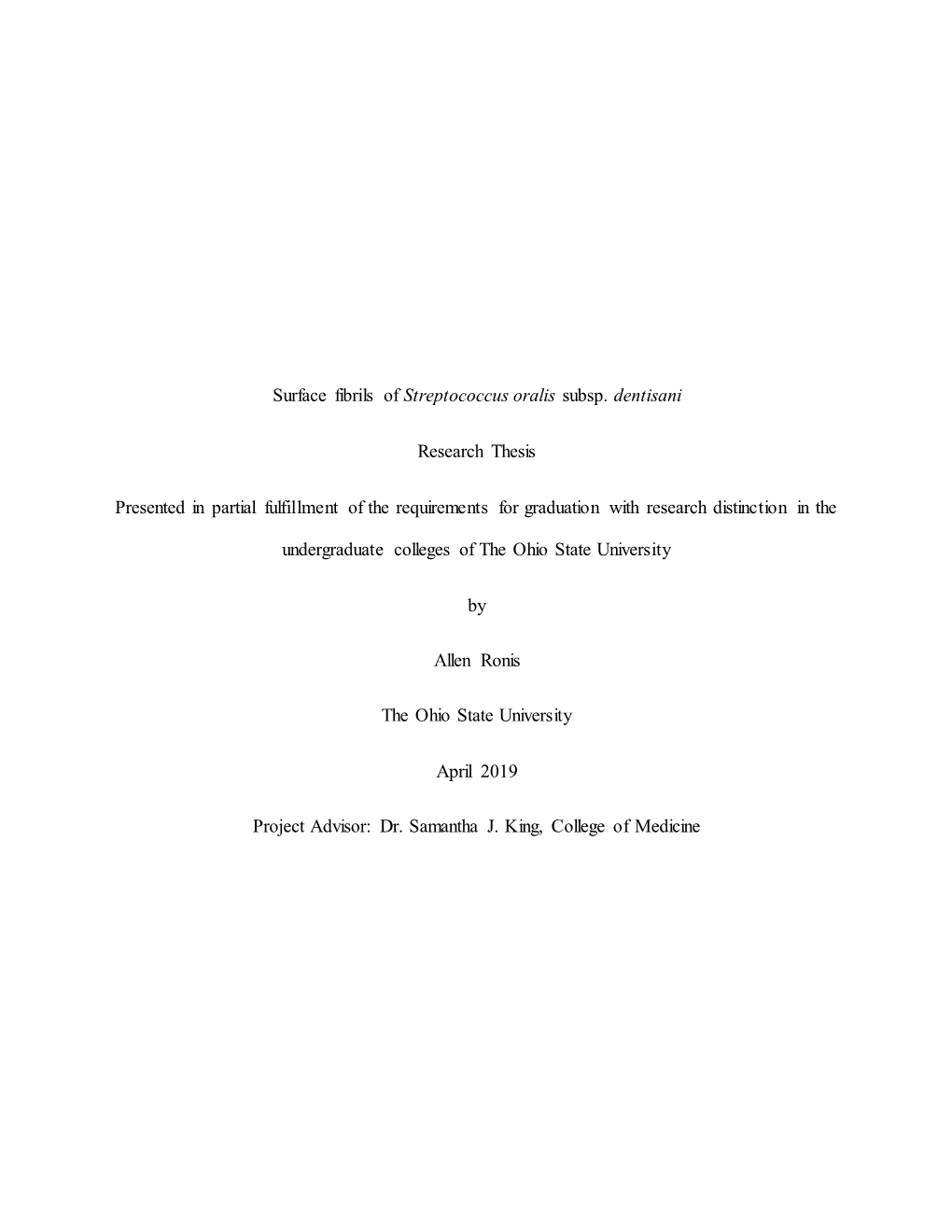 Surface Fibrils of Streptococcus Oralis Subsp. Dentisani Research Thesis