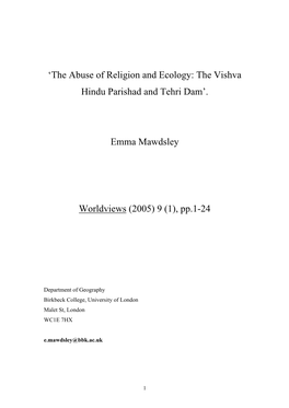 'The Abuse of Religion and Ecology: the Vishva Hindu Parishad And