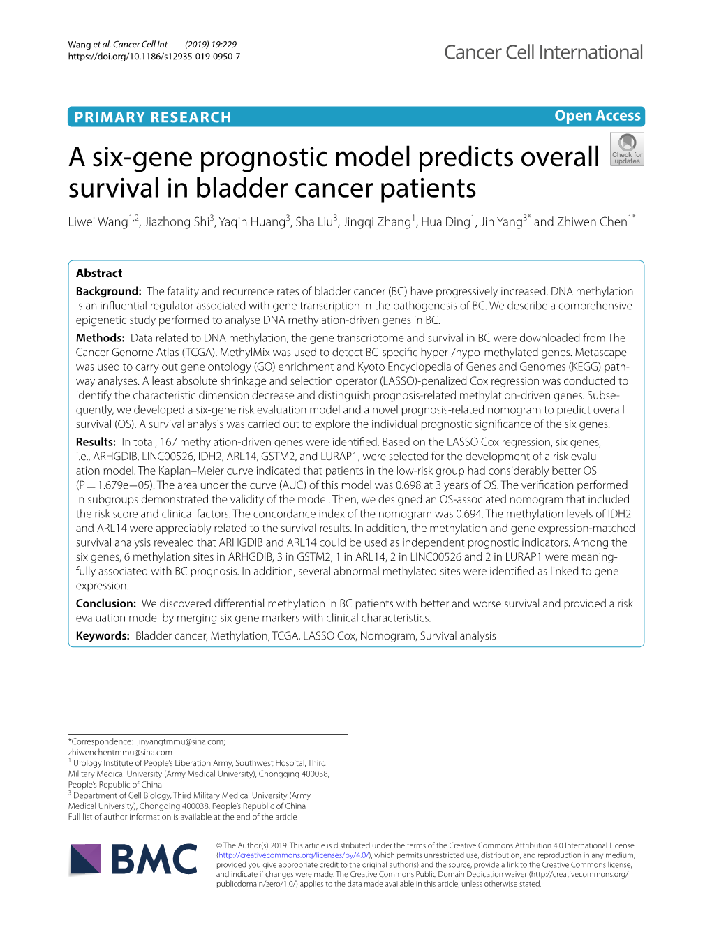 A Six-Gene Prognostic Model Predicts Overall Survival in Bladder Cancer
