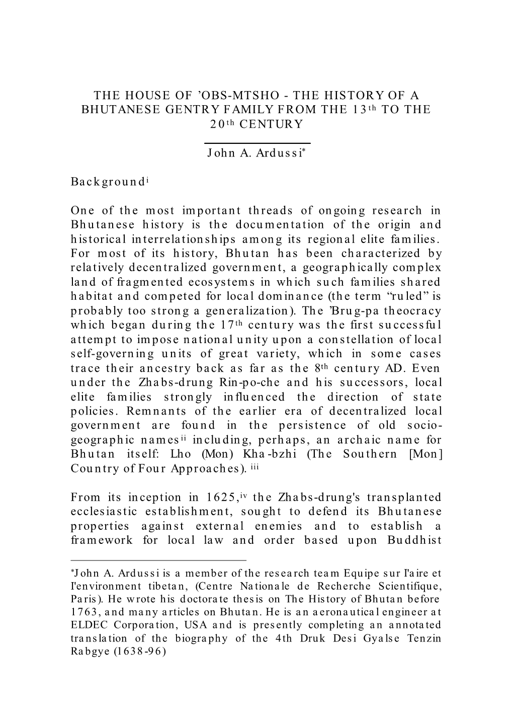 OBS-MTSHO - the HISTORY of a BHUTANESE GENTRY FAMILY from the 13Th to the 20Th CENTURY