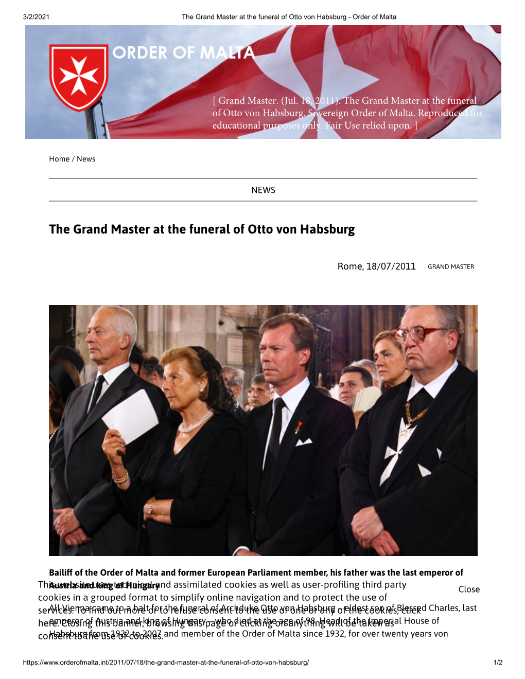 The Grand Master at the Funeral of Otto Von Habsburg - Order of Malta