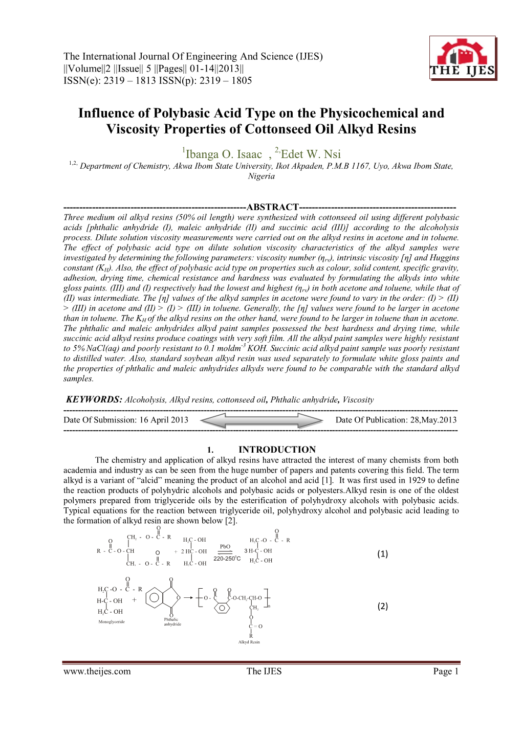 Influence of Polybasic Acid Type on the Physicochemical and Viscosity Properties of Cottonseed Oil Alkyd Resins