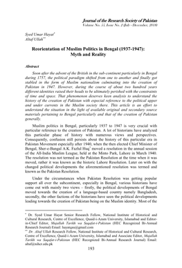 Reorientation of Muslim Politics in Bengal (1937-1947): Myth and Reality