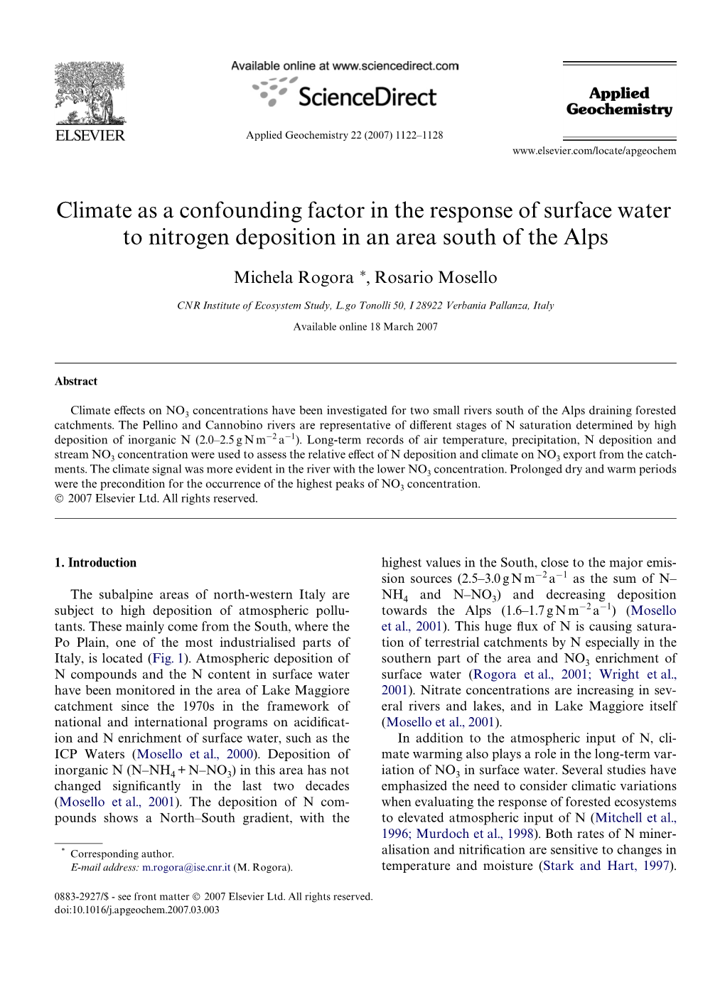 Climate As a Confounding Factor in the Response of Surface Water to Nitrogen Deposition in an Area South of the Alps