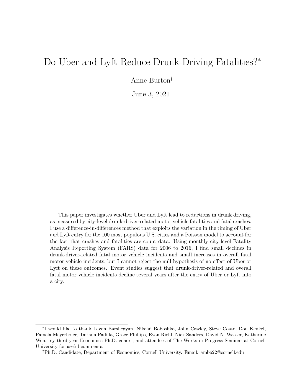 Do Uber and Lyft Reduce Drunk-Driving Fatalities?∗