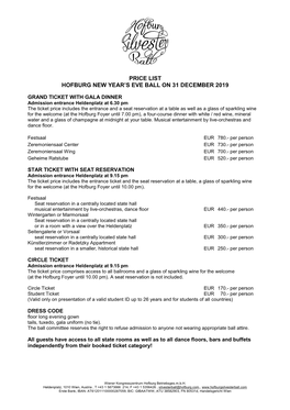 Price List Hofburg New Year's Eve Ball on 31 December 2019