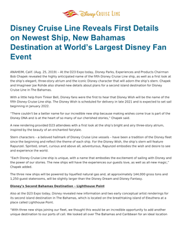 Disney Cruise Line Reveals First Details on Newest Ship, New Bahamas Destination at World's Largest Disney Fan Event