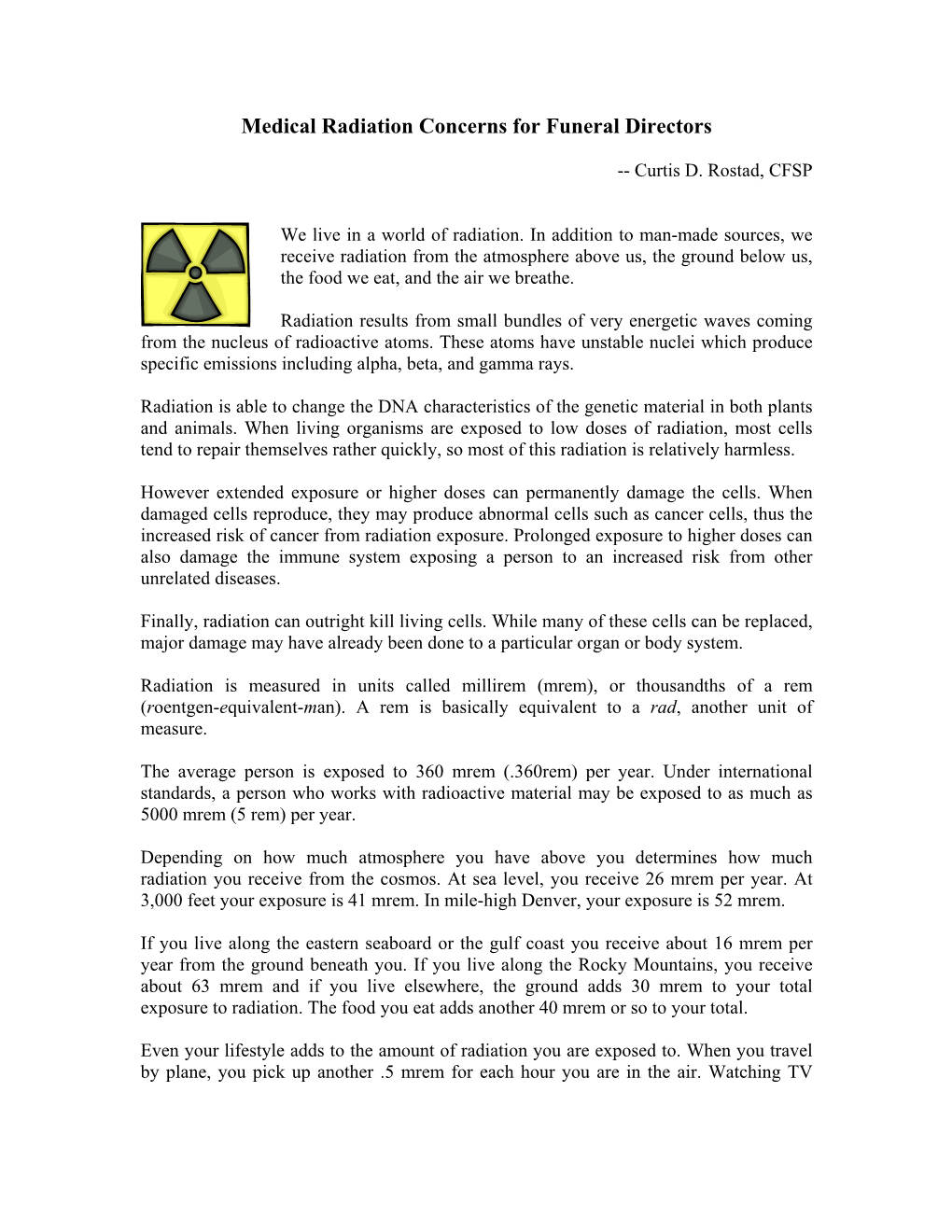 Medical Radiation Concerns for Funeral Directors