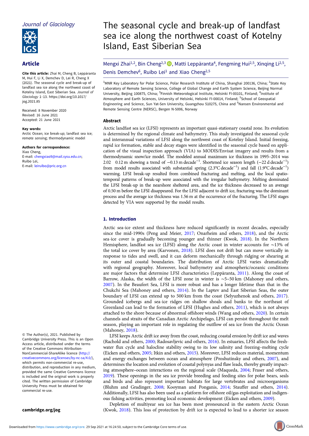 The Seasonal Cycle and Break-Up of Landfast Sea Ice Along the Northwest Coast of Kotelny Island, East Siberian Sea