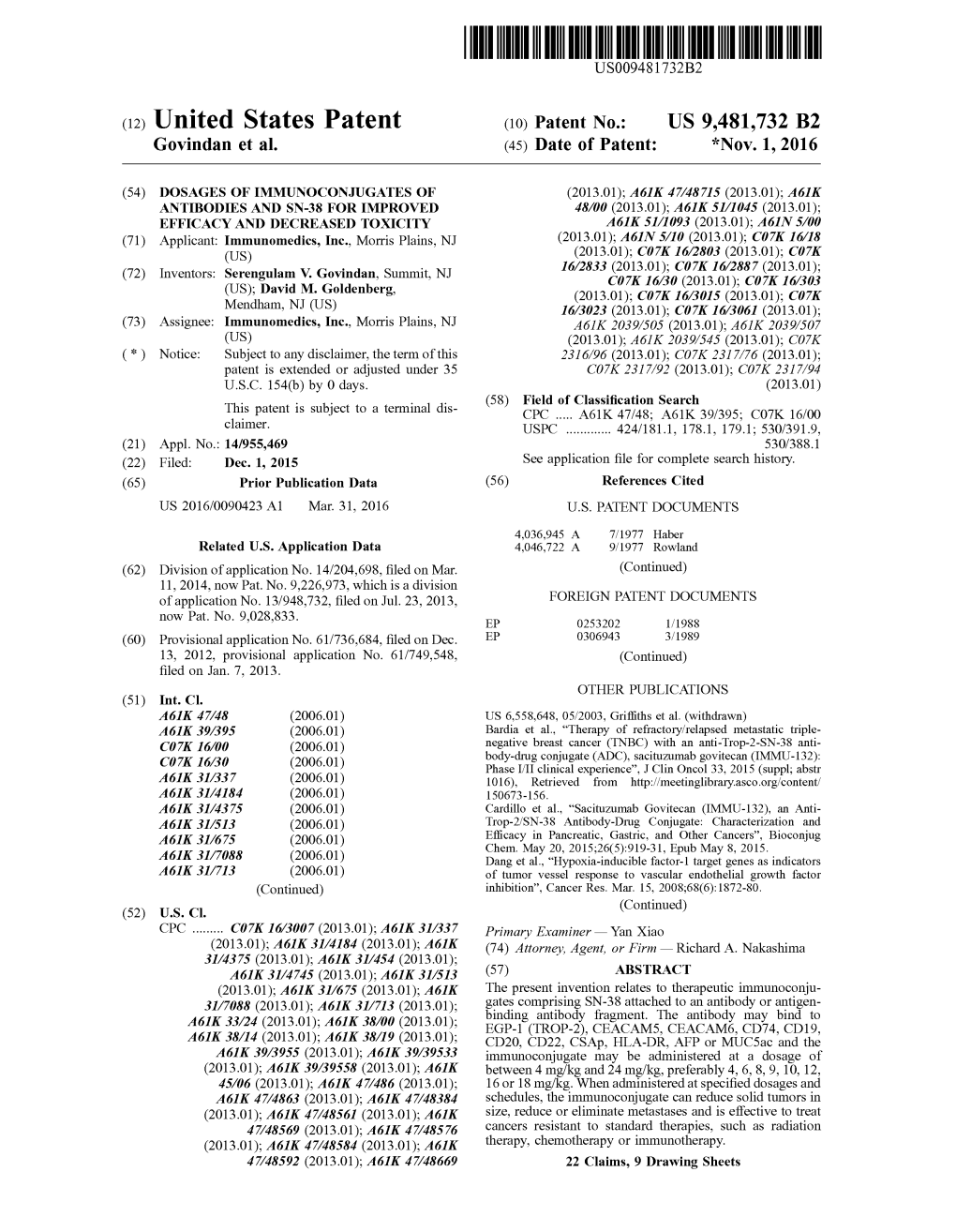 (12) United States Patent (10) Patent No.: US 9.481,732 B2 Govindan Et Al