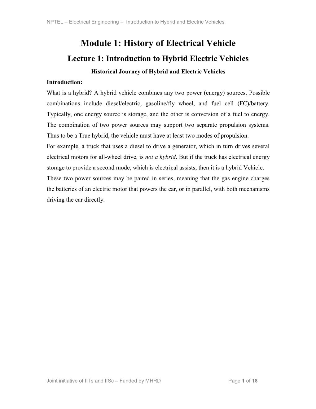 Module 1: History of Electrical Vehicle