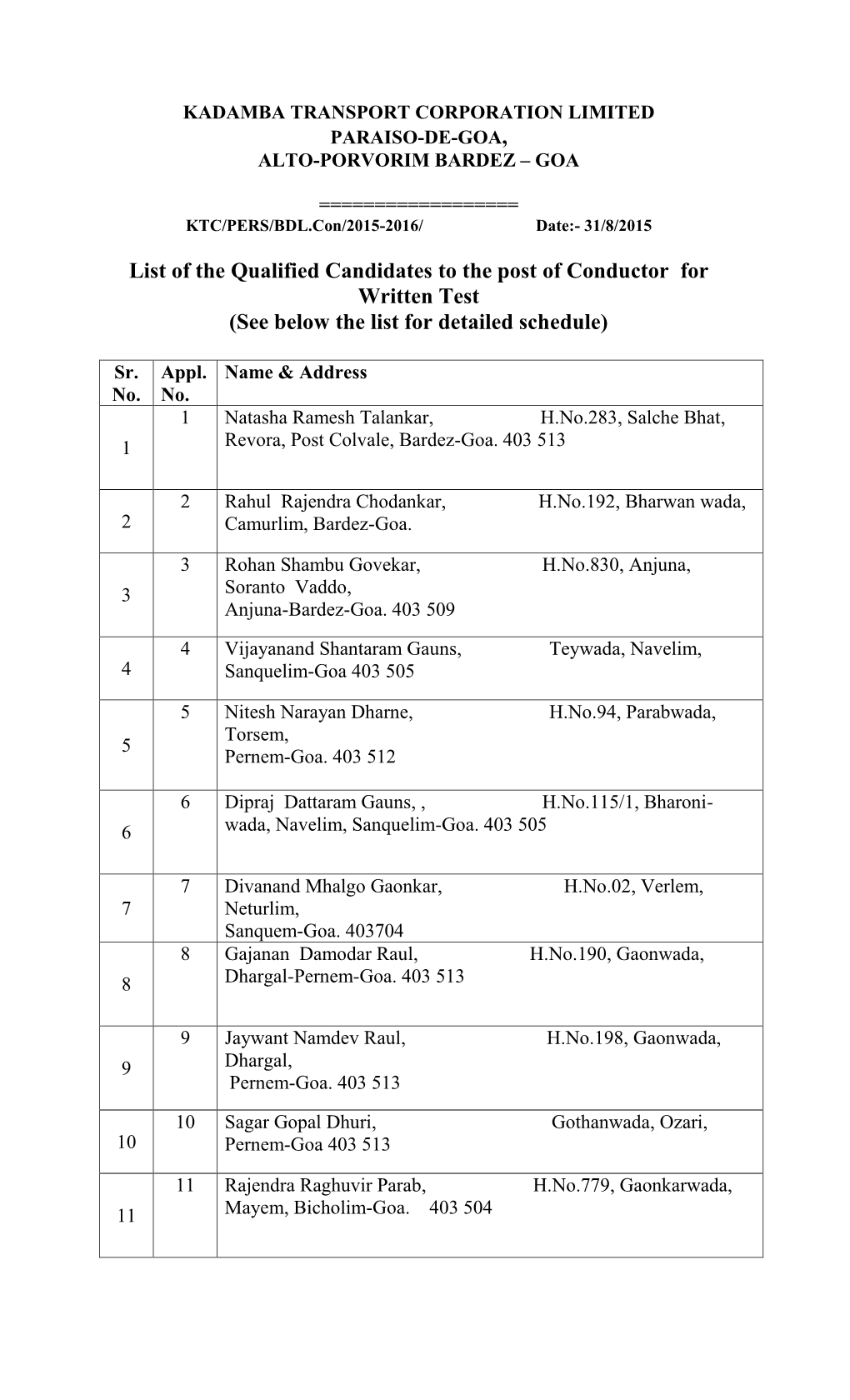 List of the Qualified Candidates to the Post of Conductor for Written Test (See Below the List for Detailed Schedule)