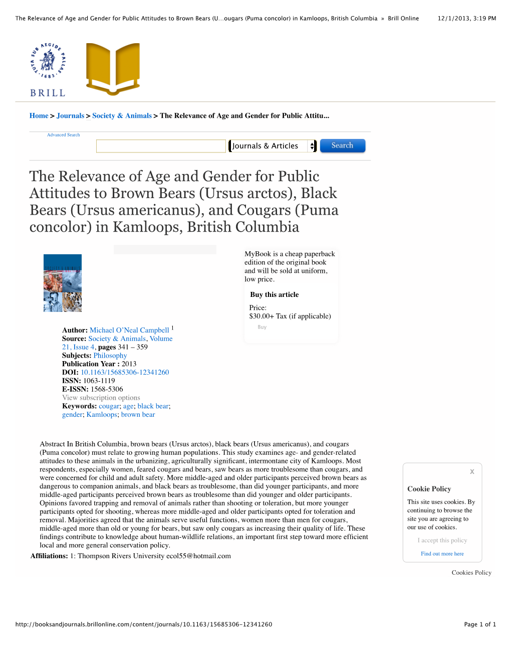 The Relevance of Age and Gender for Public Attitudes to Brown Bears (Ursus Arctos), Black Bears (Ursus Americanus), and Cougars